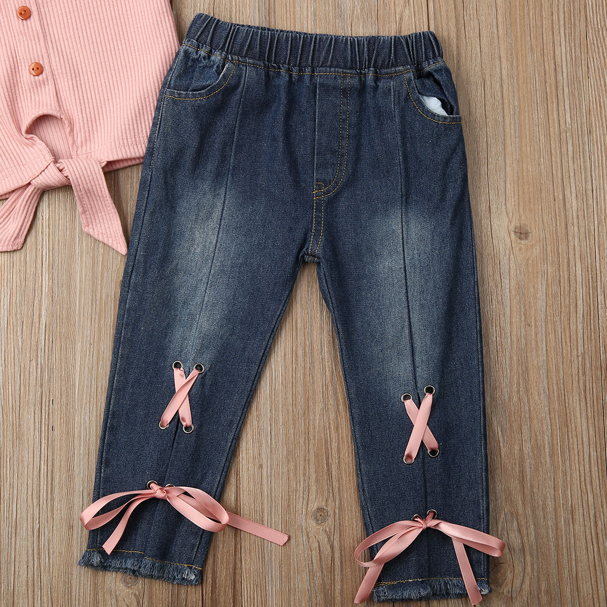 2019 Baby Summer Clothing Toddler Kid Baby Girl Clothes Ribbed Shirt Top Bandage Denim Pants Jeans Leggings Outfit 2PCS Set 1-5T