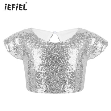Kids Girls Cap Sleeves T-Shirts Sparkly Sequins Keyhole Back Dance Tanks Crop Top Stage Performance Birthday Party Daily Wear