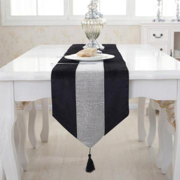 17 1 PCS Table Runners Print Flannel Rhinestones Ribbon Rustic Home Decoration Table Runners Black White Grey