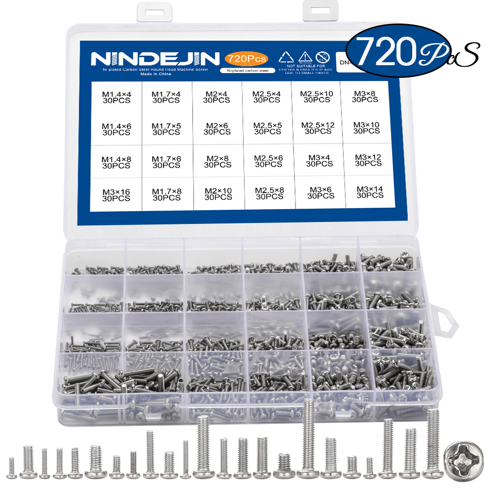 720pcs/set Cross Recessed Round Pan Head Laptop Screws Set M1.4 M1.7 M2 M2.5 M3 Carbon Steel Machine Screw Assortment Kit