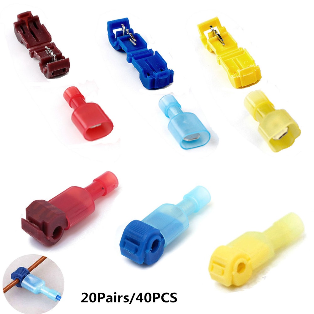 40Pcs Lock Quick Splice Wire Connectors T Tap Insulated Terminal Spade Crimp Connector Set 0.5-4.0mm2 22-10 AWG