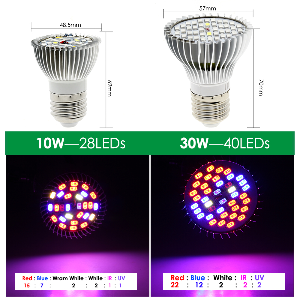 220V E27 Full Spectrum Grow Light for Plants 10W 20W 30W 60W Bulb with Flexible Metal Hose Base Clip UV Phytolamp for Seeds