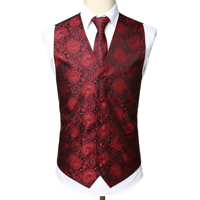 Luxury Wine Red 3pcs Paisley Waistcoat Vest Necktie Handkerchief Set 2019 Classic Jacquard Vest Men Formal Business Casual Vest