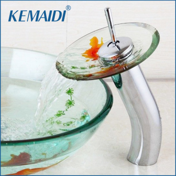 KEMAIDI Bathroom Sink Tap Mixer Faucet Goldfish Design Chrome Brass Transparent Tempered Glass Waterfall Faucet Glass Water Tap