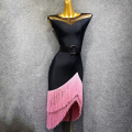 New Latin Dress Women Sexy Black Gauze Pink Tassels Fringe Dress Tango Dress Flamengo Adult Black Latin Practice Dance Dress