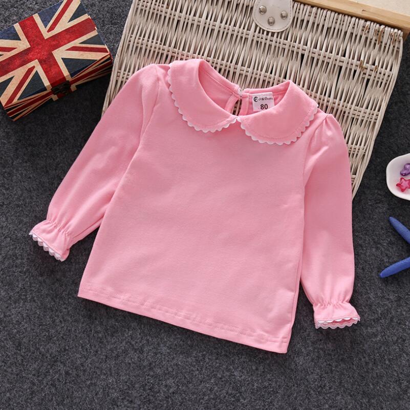 2018 Girls T-shirts Solid Long Sleeve Cotton T shirt Peter Pan Collar Baby Toddler Girl Blouse Shirts Kids Tops Clothes JW6693