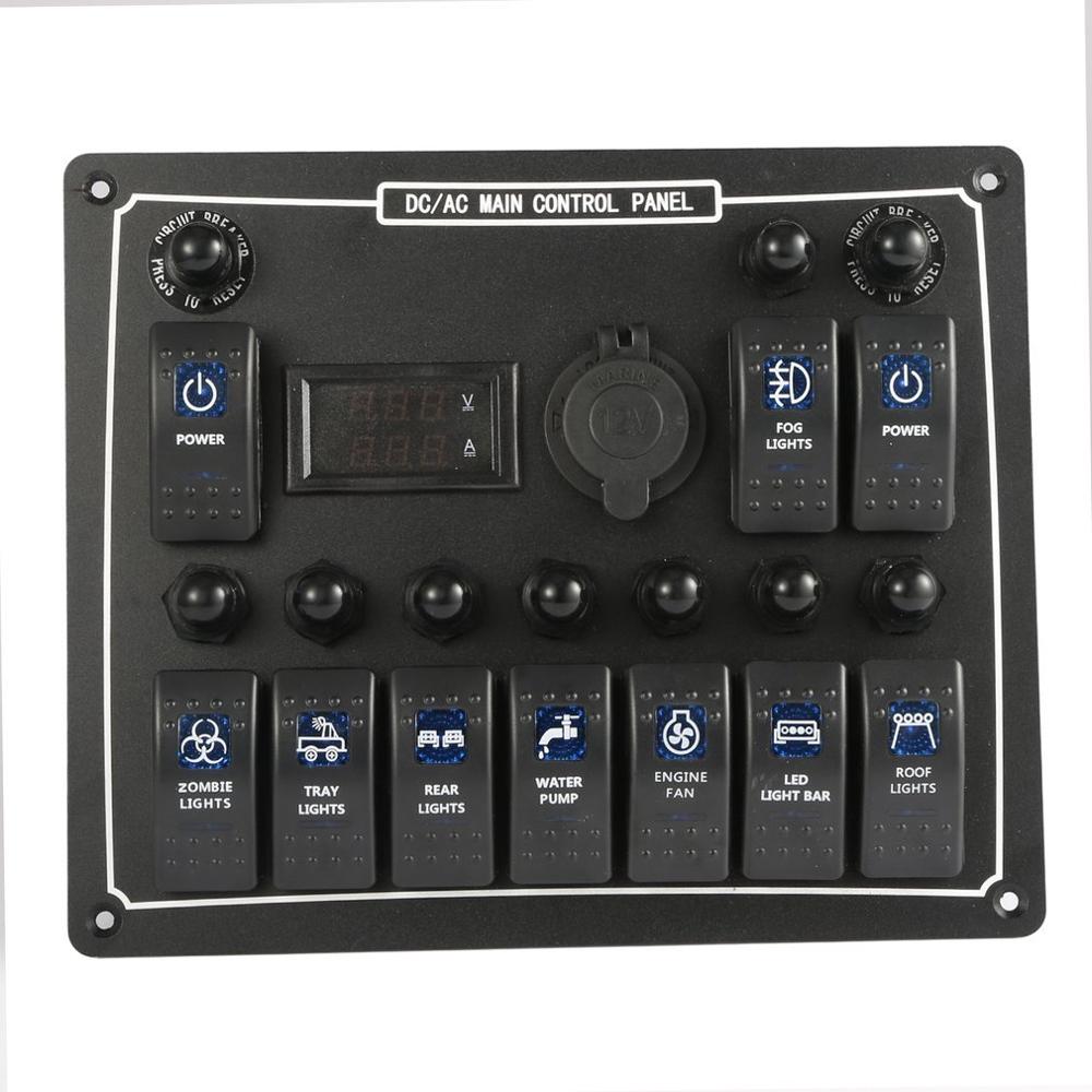 15A DC Output 10 Gang Waterproof Car Auto Boat Marine LED AC/DC Rocker Switch Panel Dual Power Control Overload Protection