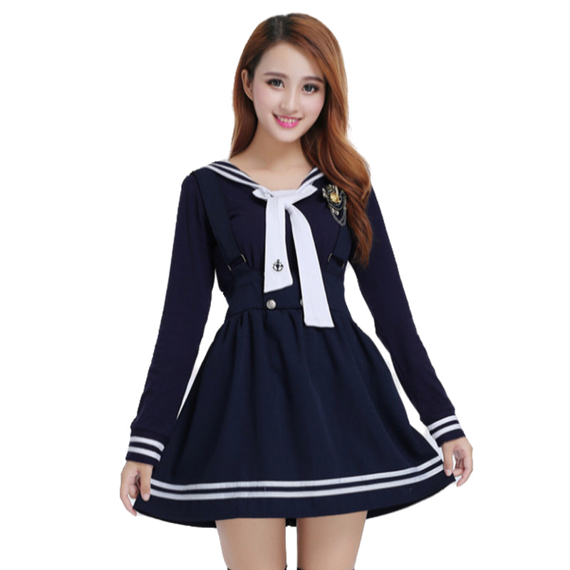 Japanese School Uniforms for Women Korean Navy Sailor Cotton School Uniforms For Girls Straps Skirt+Long Sleeve Shirt+Tie