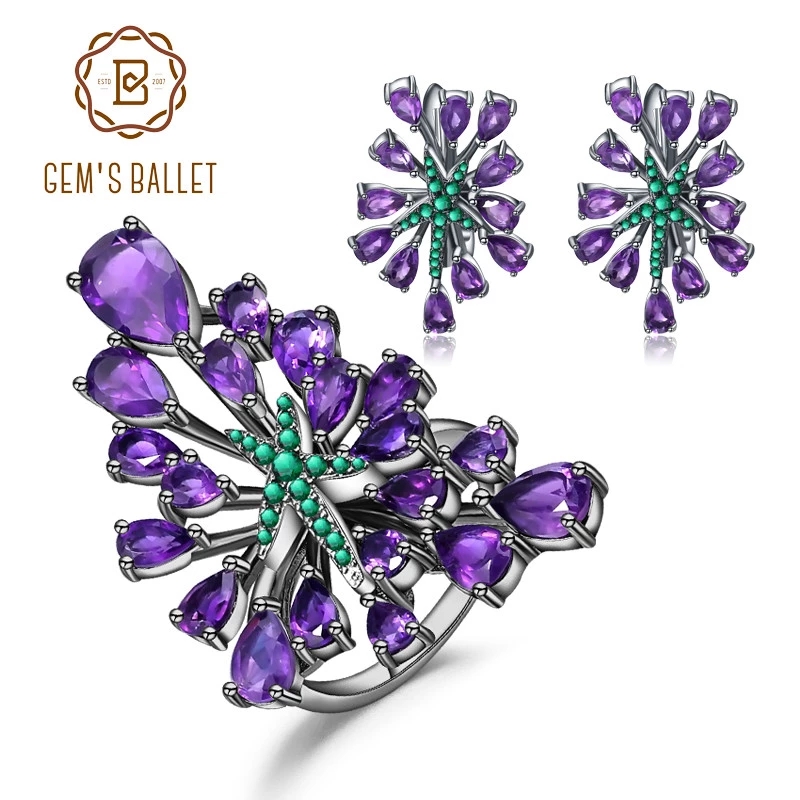 GEM'S BALLET Natural Amethyst Vintage Gothic Jewelry Sets For Women 925 Sterling Silver Gemstone Earrings Ring Set Fine