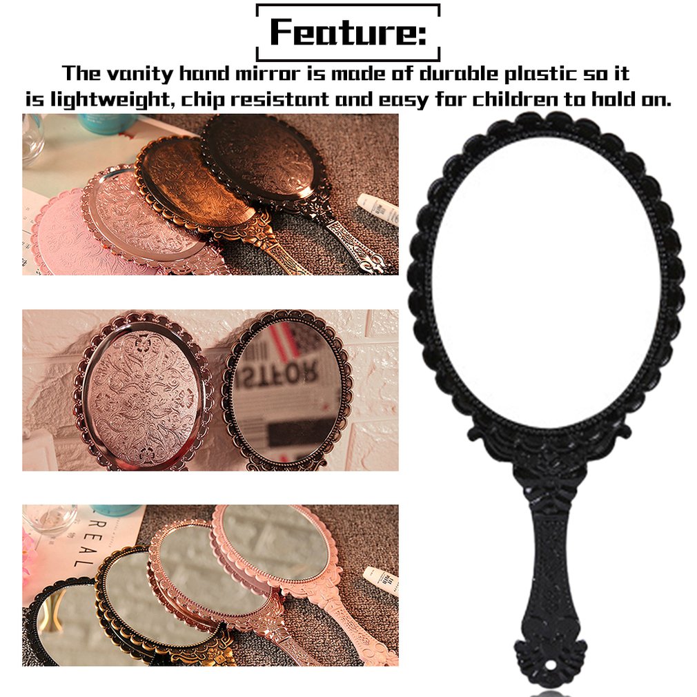 Vintage Handhold Makeup Mirror Repousse Floral Oval Round Cosmetic Hand Held Mirror With Handle For Ladies Beauty Dresser