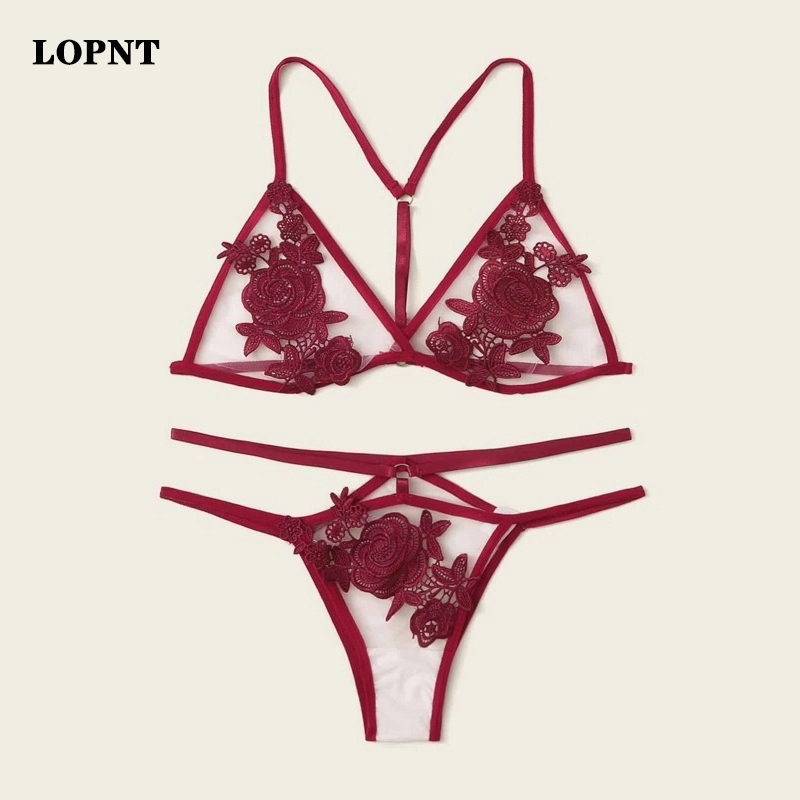 LOPNT Sexy women's bra set stripper clothes red Flower Applique Sheer Lingerie Set transparent bra Femal floral lace underwear