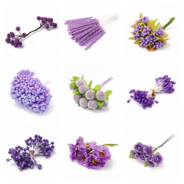 6-90pcs Purple Artificial Hybrid Flower Cherry Stamen Berries Bundle DIY Christmas Wedding Cake Gift Box Wreaths Fake Flower