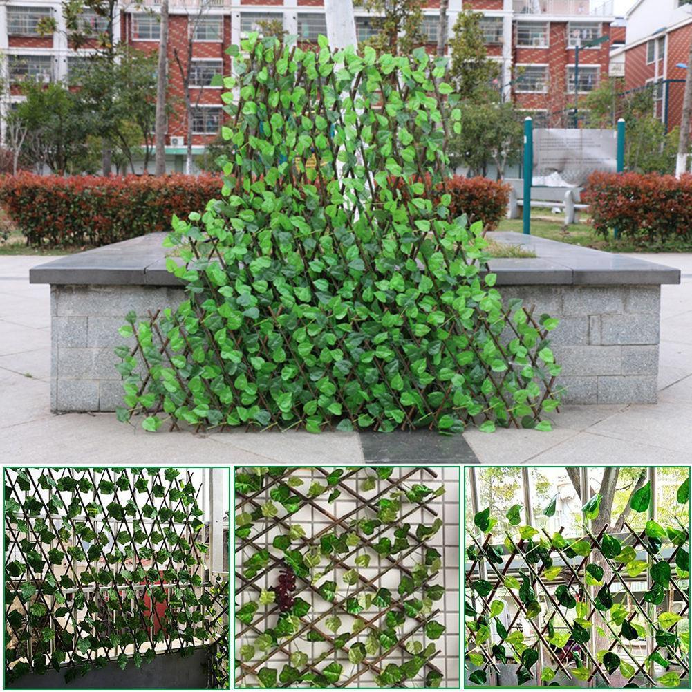Simulation Wooden Garden Fence Decoration Privacy Wood With Artificial Green Leaf Retractable Extension Yard Fence Mesh Grille