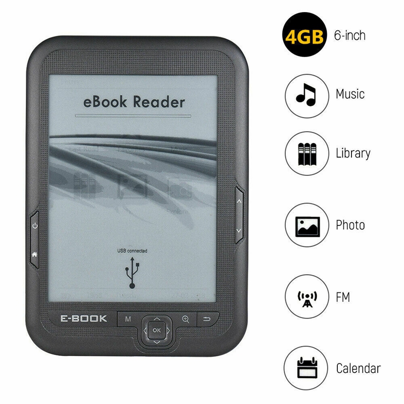 NEW-6 Inch 4GB Ebook Reader E-Ink Capacitive E Book Light Eink Screen E-Book E-Ink E-Reader MP3 with Case, WMA PDF HTML