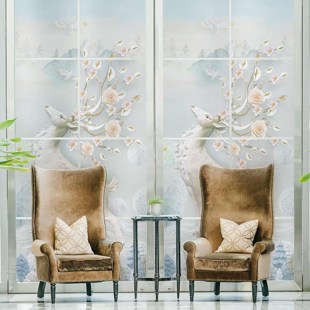 3D Effect Deer Window Film Privacy Opaque Frosted PVC Window Decorative Film Elk Art Stained Window Sticker Glass Decal Summer