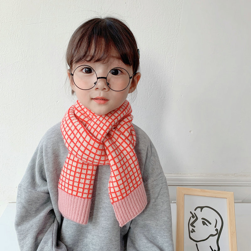Korean Style New Winter Kid Knitted Wool Plaid Scarves Thicken Warm Children Shawl Patchwork Neckerchief