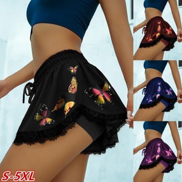 2020 Women's Butterfly Printed Lace Splicing Shorts Sexy Casual Beach Mid Waist Solid Fashion Female Shorts Ladies Hot Culottes