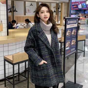 New Women Plaid Wool Blends Coat Winter Autumn Fashion Elegant Tweed Woolen Outerwear Female