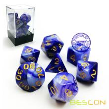 Gemini Two Tone Swirled Purple RPG Dice Set of 7 in Brick Box Package, Complete Polyhedral Dice Set of d4 d6 d8 d10 d12 d20 d%
