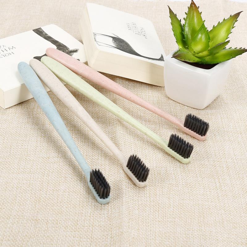 1 Pcs Eco Friendly Portable Travel Toothbrush Wheat Straw Handle Bamboo Charcoal Toothbrush Tongue Cleaner For Kids And Adults