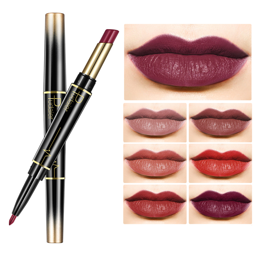 Pudaier Double Head Lip Liner Pencil 2 in 1 Lip Gloss Lip Beauty Makeup Waterproof Matte Red Velvet Nude Color Cosmetics TSLM2