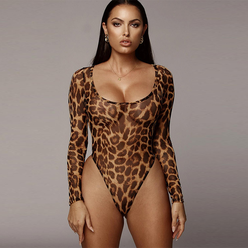 SEBOWEL 2020 Leopard Print Long Sleeve Bodysuit Woman O-neck Sexy Sheer Mesh Bodycon Bodysuits Jumpsuits Female Club Body Tops
