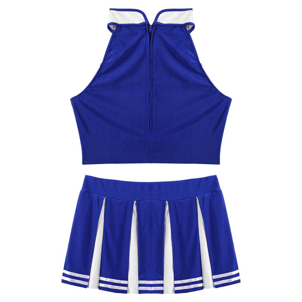 Womens Cheerleader Uniform Outfit Stand Collar Crop Top with Mini Pleated Skirts Cheerleading Clothes Carnival Cosplay Costume
