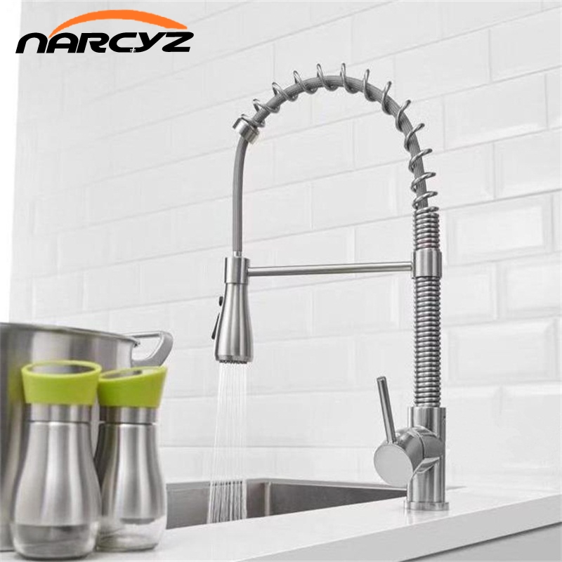Kitchen Faucets Brushed Nickel Faucets for Kitchen Sink Hot and Cold Water Crane Single Pull Out Spring Spout Mixers Tap XT-202