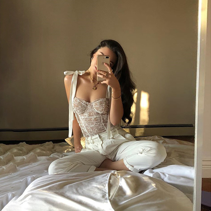 BOOFEENAA Bow Tie White Floral Lace Bustier Crop Top Women 2020 Elegant Vintage Sexy Ladies Tank Tops Fashion Corset C71-I80