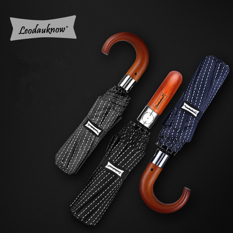 Leodauknow three folding business stripes wooden curved handle classic 10K Windproof high quality men's fully automatic umbrella