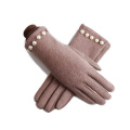 Korea's Female Single Layer Cashmere Pearl Cycling Windproof Warm Mittens Winter Suede Leather Touch Screen Driving Gloves J24