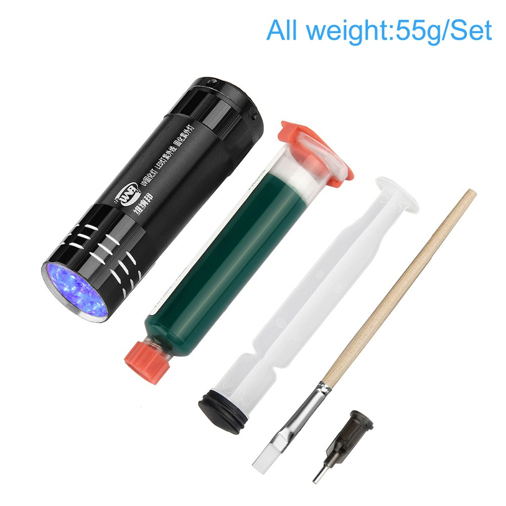 10ML Green Oil UV Solder Mask BGA PCB Paint Prevent Corrosive Arcing Soldering Paste Flux Inks Soft Nylon Brush 9 LED Light