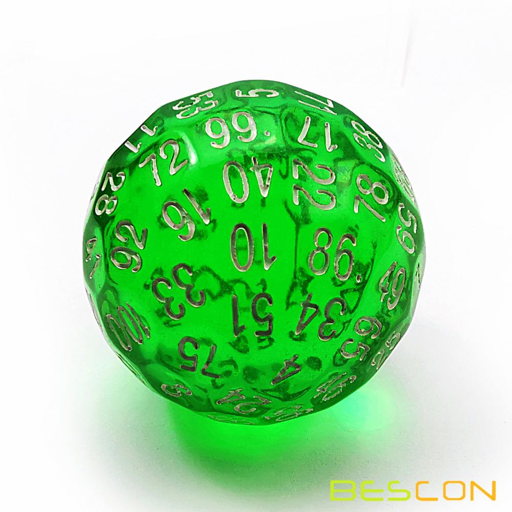 Bescon Translucent Green Polyhedral Dice 100 Sides, D100 dice, 100 Sided Cube, Transparent D100 Game Dice