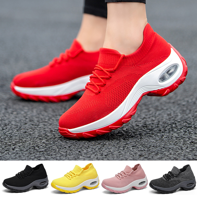 Women Tennis Shoes Air Cushion Red Sports Shoes High Heels Mesh Lace-up Female Sock Footwear Outdoor Thick Bottom Women Sneakers