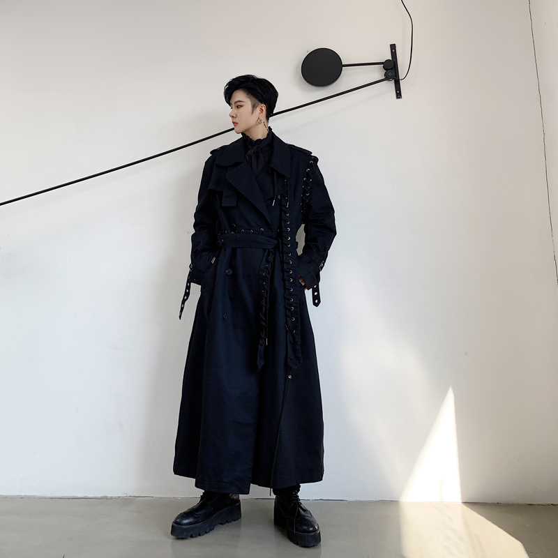 IEFB /men and women's wear 2021 spring streetwear new trench Personality Rope Design Asymmetry patchwork long coat loose 9Y989