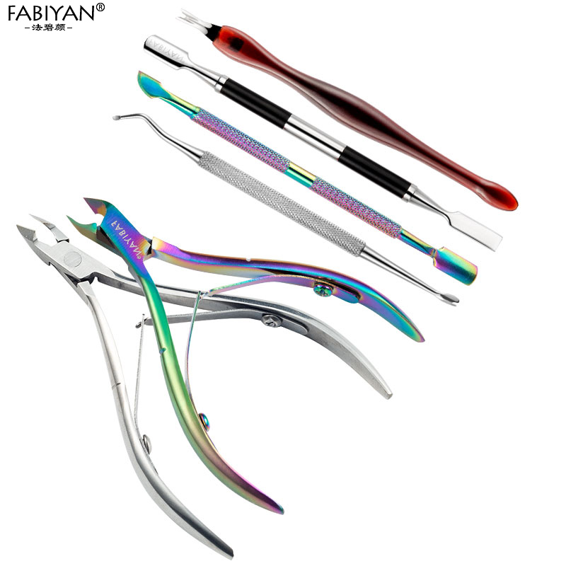 Multi-Type Nail Art Tool Rainbow Stainless Steel Cuticle Pusher Pedicure Manicure Scissor Dead Skin Fork Gel Remover Tweezer Set