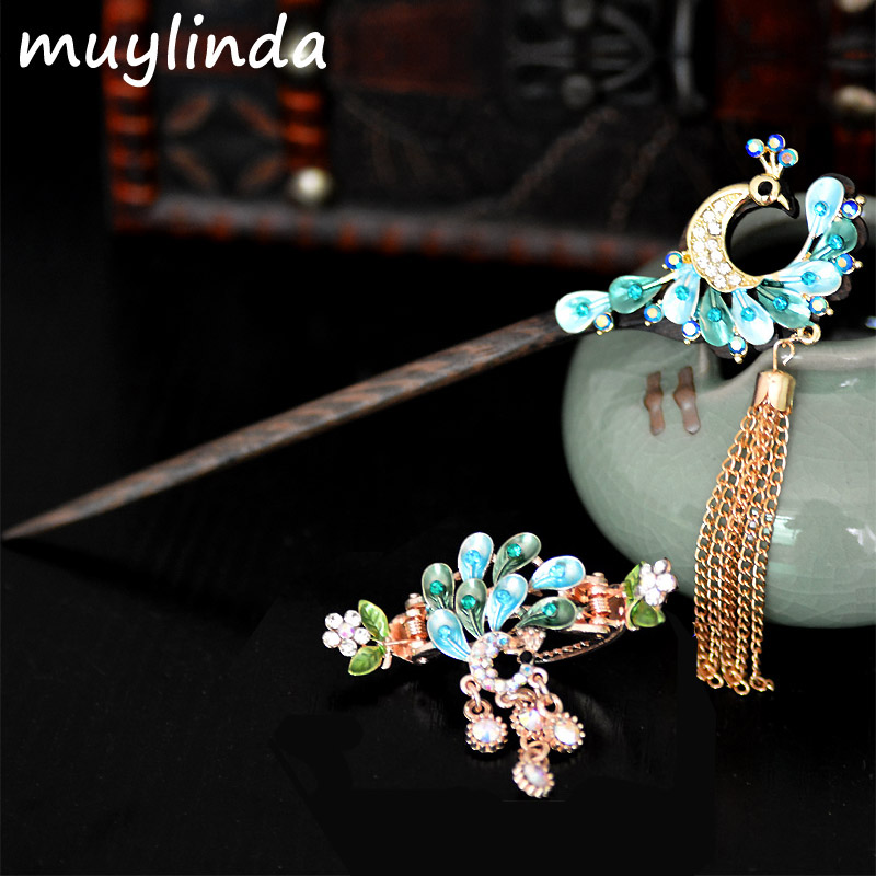 Retro Peacock Charm Hair Stick Painting Chinese Style Vintage Hair Clip Jewelry Women Party Banquet Hair Accessories
