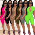 CM.YAYA Women Solid Zipper Up Short Sleeve Bodycon Knee Length Playsuit Sexy Moto Biker Sport Bodysuit One Piece Romper Jumpsuit