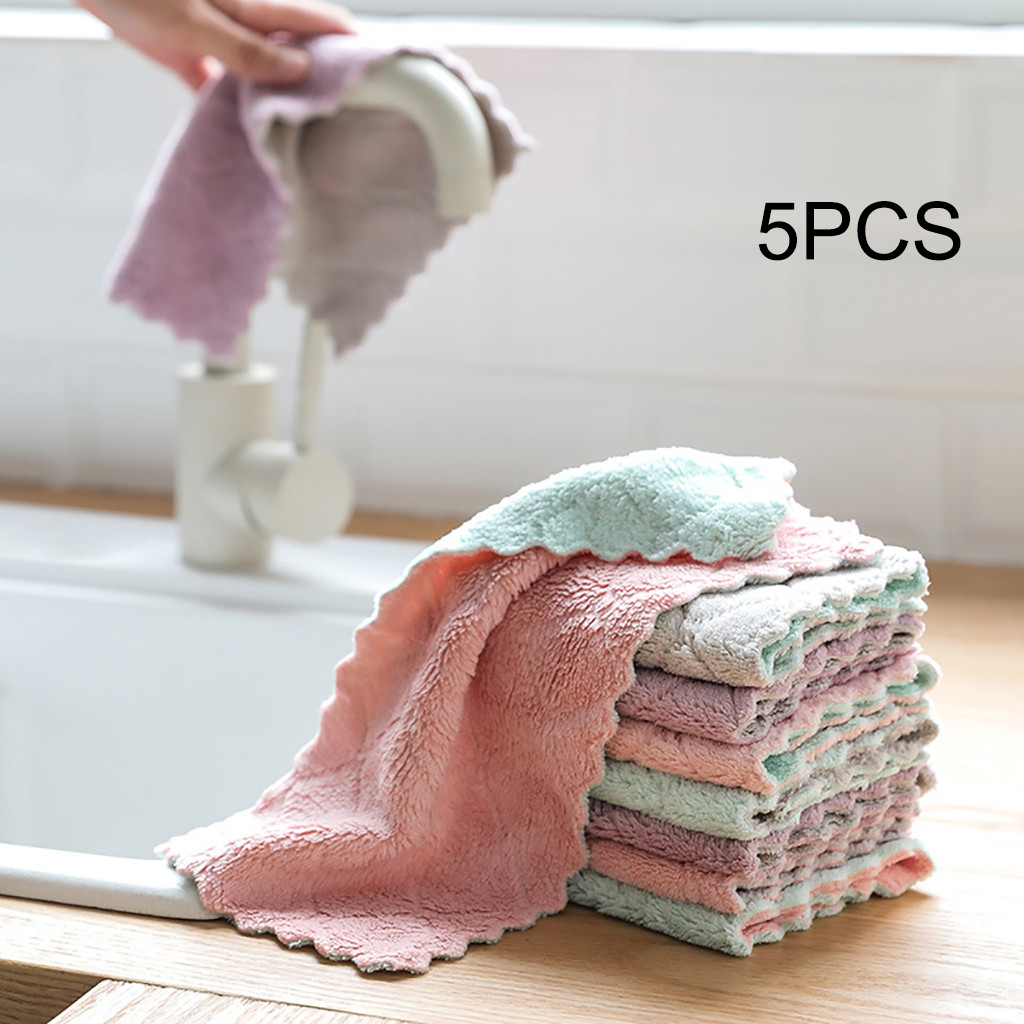 5PCS Kitchen Towel Double-sided Printing gray green 27X16 Coral Fleece Absorbent home cleaning dish towel Best Sale #GH