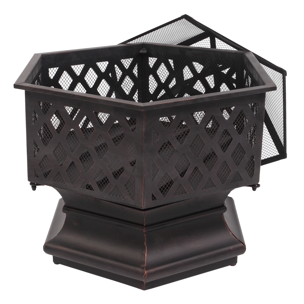 Portable Courtyard Metal Fire Pit 22" Hexagonal Shaped Iron Brazier Wood Burning Fire Pit Decoration for Backyard Poolside