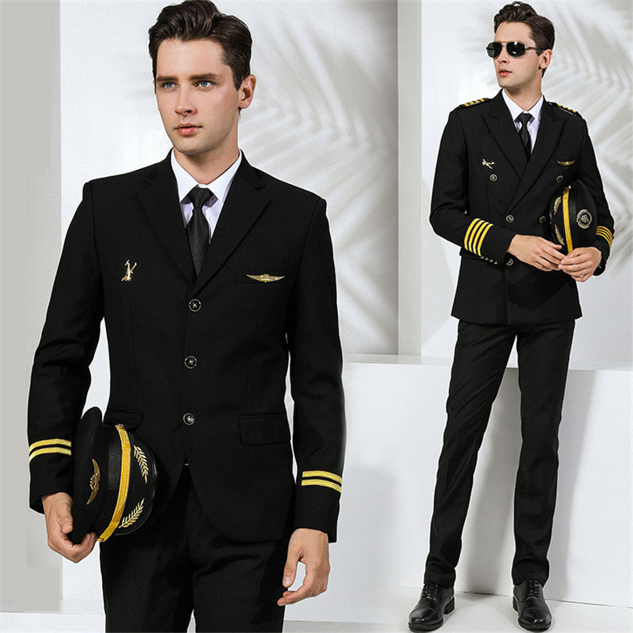 New Captain Airline Pilot Costume Army Uniform Coat+Pants Black Professional Workwear Suit Plus Size For Handsome Gentleman