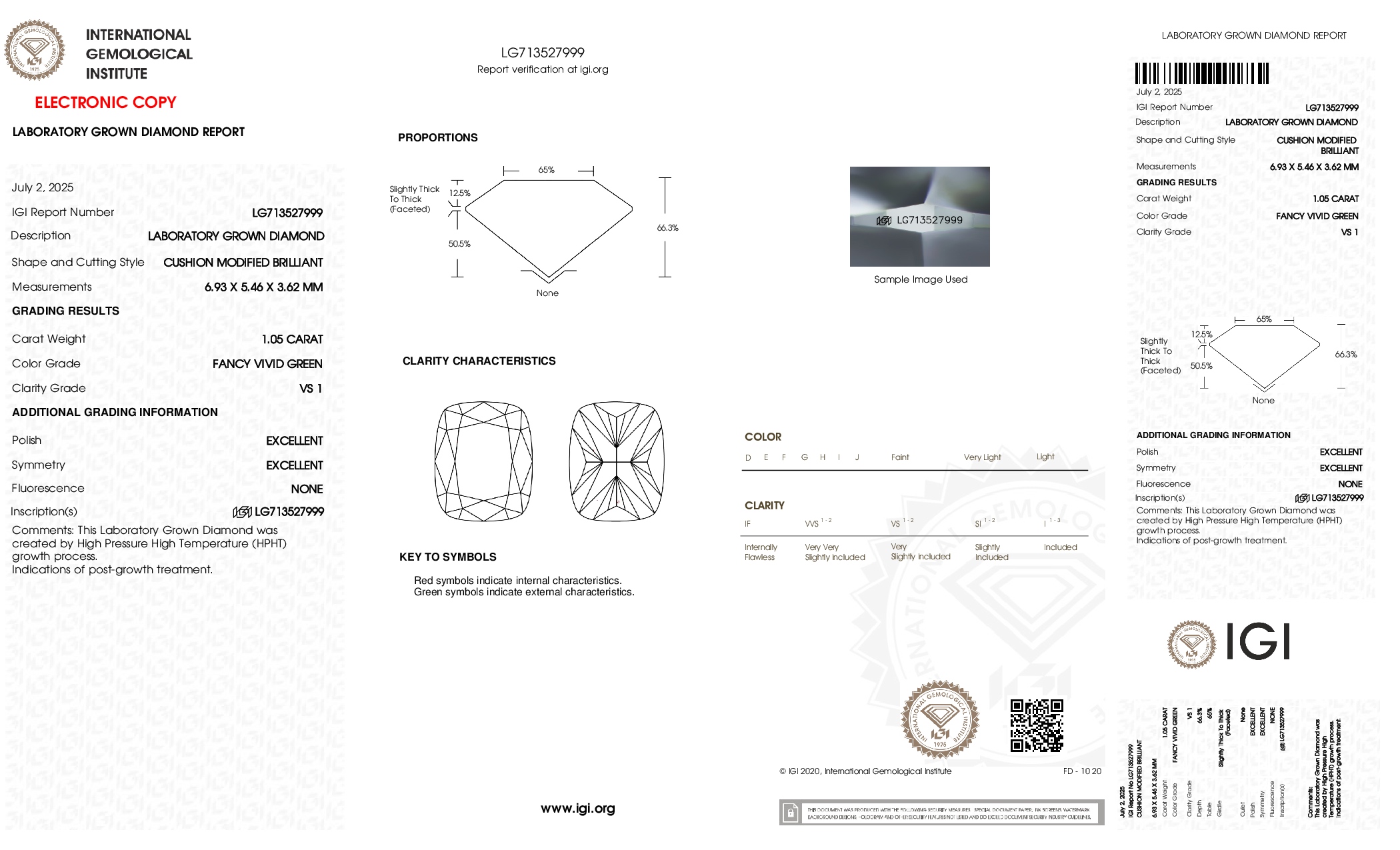 IGI report LG713527999 for a 1.05 carat Fancy Vivid Green VS1 cushion lab grown diamond
