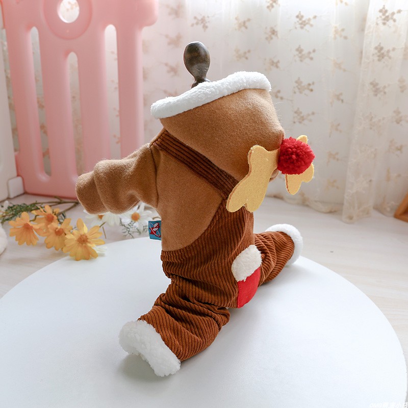 Coffee Deer Dog Jumpsuit Four Legs Winter Warm Cotton Padded Clothes Fur Hats Hoodie Wholesale Pet Apparel Accessories Party