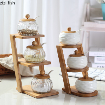 Ceramic Seasoning Jar Trapezoidal Upper and Lower Bamboo Shelf with Glass Jars Seasoning Box Salt Shaker Seasoning Storage Boxs