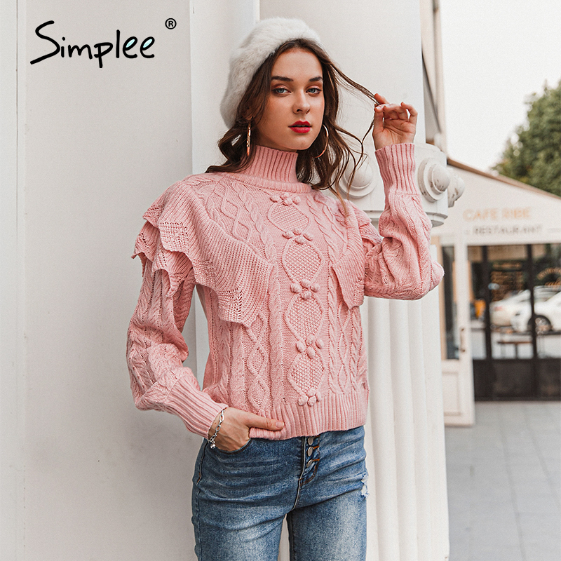 Simplee Casual turtleneck women sweater Autumn winter long sleeve knitted sweater Ruffle geometrical ladies pullover jumper