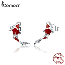 bamoer Fish Red Enamel Stud Earrings for Women 925 Sterling Silver Spring Koi Ear Studs Festival Silver Fashion Jewelry SCE812