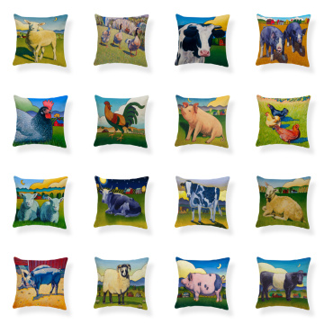 Prairie Ranch Linen Print Cushion Cover Chicken Goose Pattern Pillow Covers Pig and Sheep Sofa Backrest Decoration Pillowcase