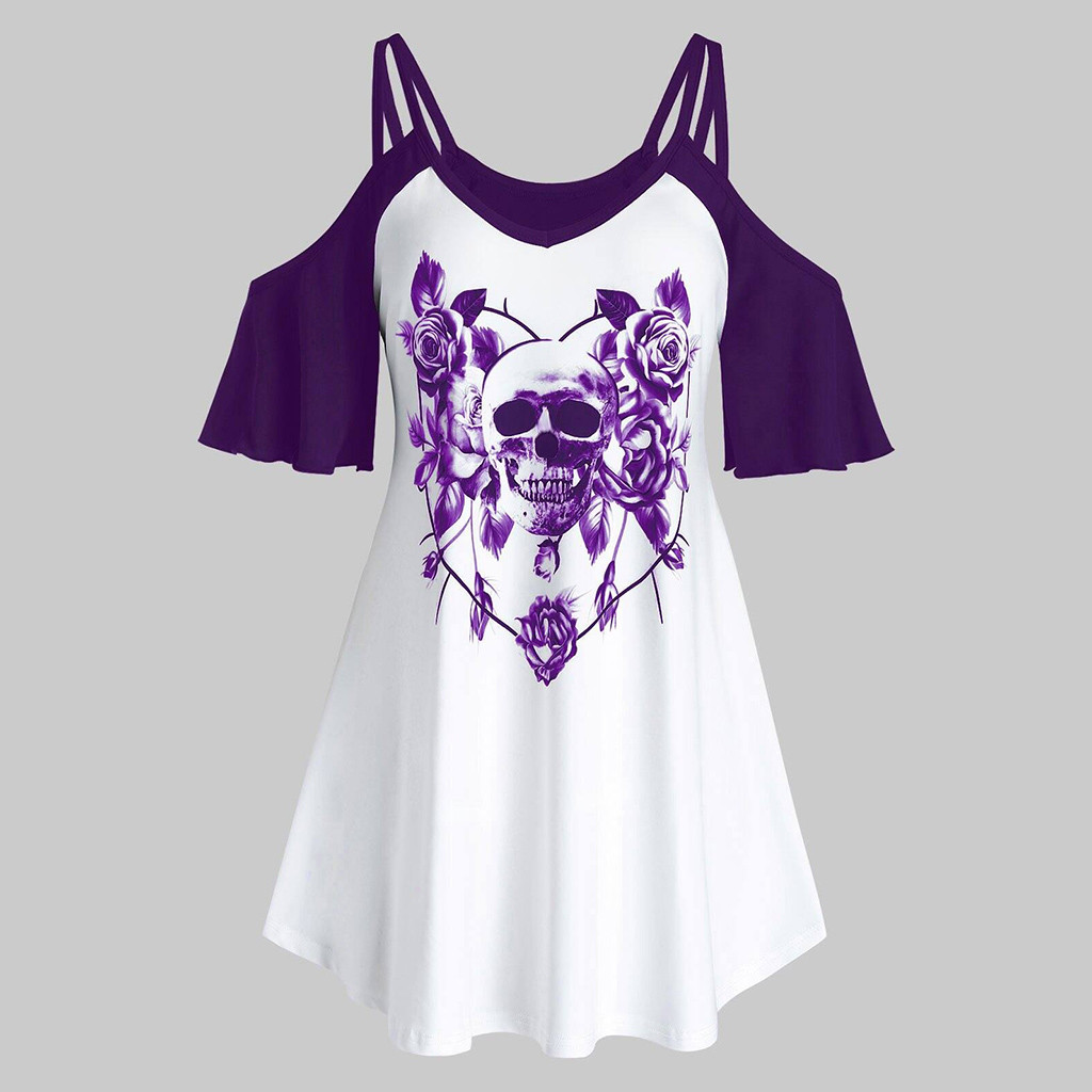 Plus Size Fashion Skull Flower Print Blouse Off Shoulder Tops Tee Casual Summer Ladies Female Women Short Sleeve Blusas Pullover