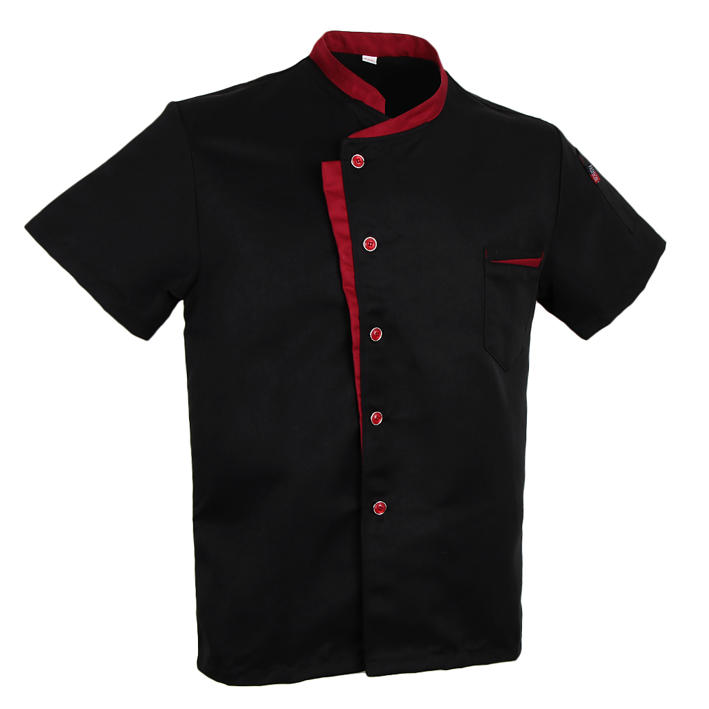 Unisex Chef Jacket Short Sleeves Tunic Hotel Waiters Kitchen Uniform Red/Black