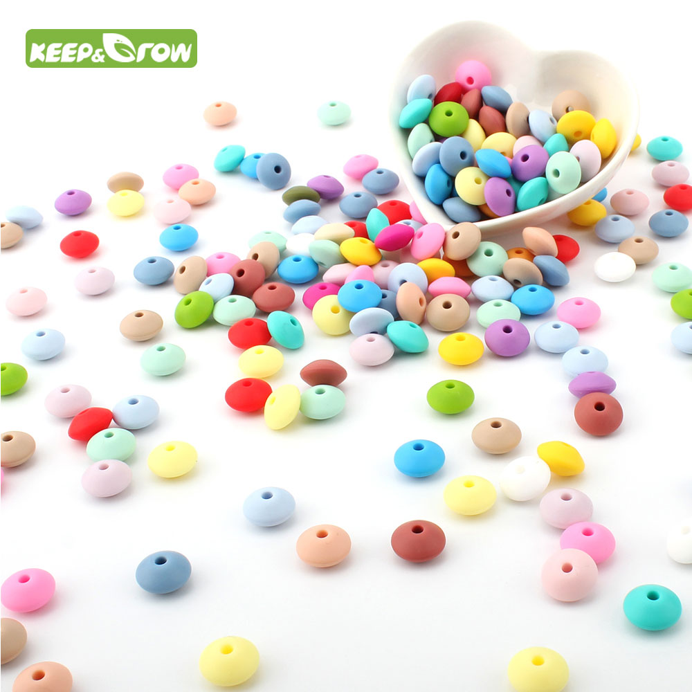 KEEP&GROW 100Pcs Lentil Abacus Round Silicone Beads 12MM Teething Necklace Baby Teether DIY Pacifier Chain Food Grade Silicone